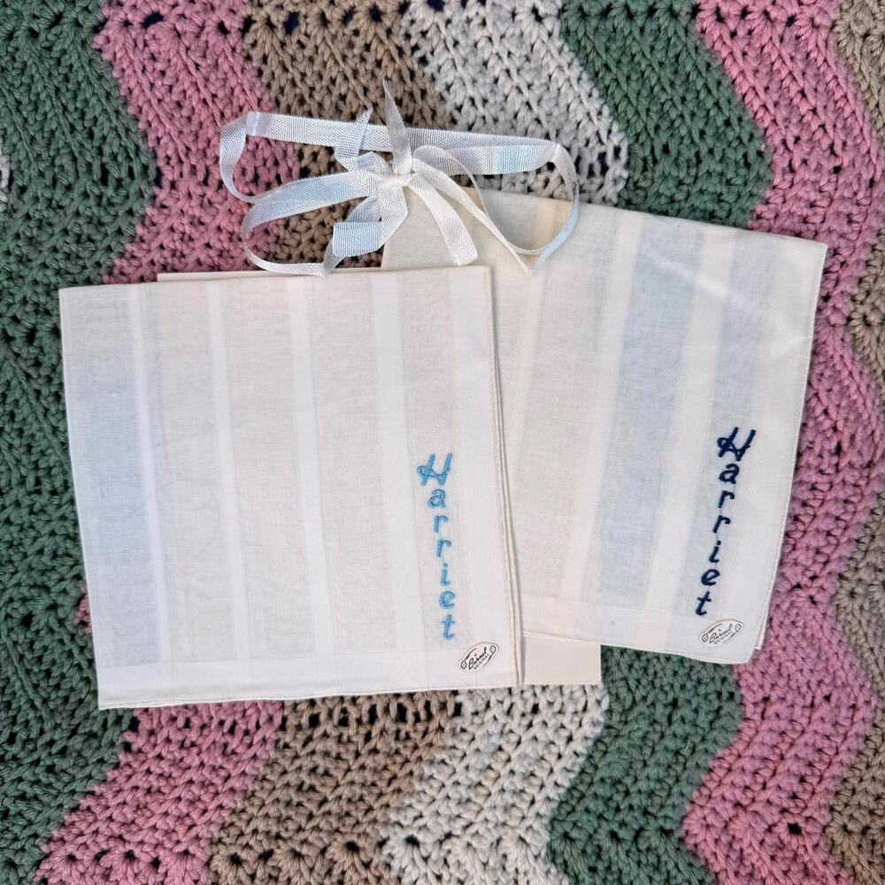 Vintage Burmel Original Handkerchief Set Harriet Embroidered Name Foil Tag NOS